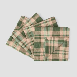 Best Fern Green Dallington Plaid 100% Linen Napkins Set of 4 Table Linens