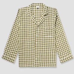 New Men's Botanical Green Gingham Linen Pajama Shirt (Top Only) Gingham Pajamas|Linen Pajamas