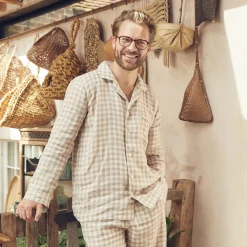 Sale Men's Mushroom Gingham Pajama Shirt Linen Pajamas|Gingham Pajamas