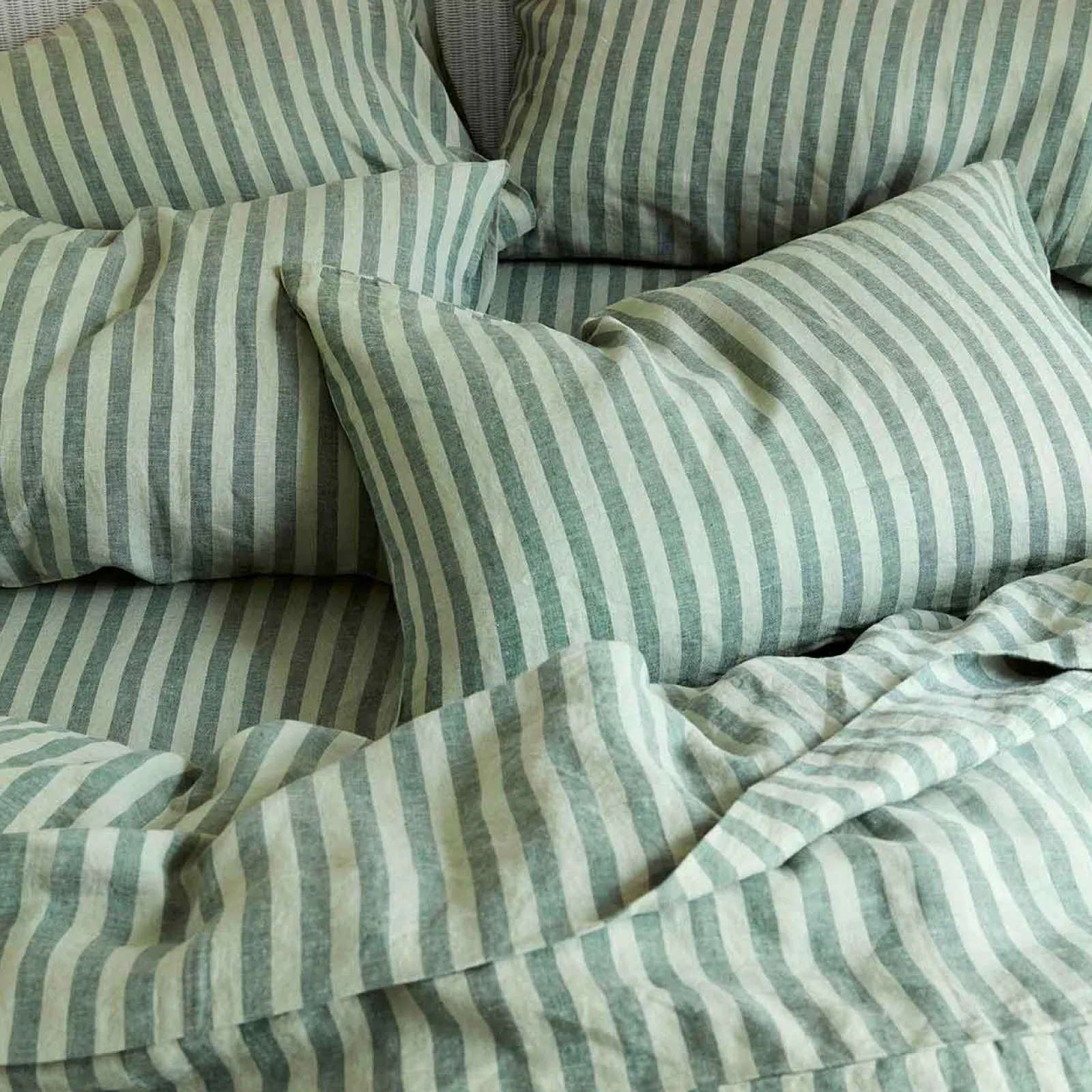 Best Pine Green Stripe 100% Linen Fitted Sheet Striped Bedding|Linen Bedding