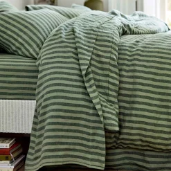 Pine Green Stripe 100% Linen Flat Sheet Striped Bedding|Linen Bedding